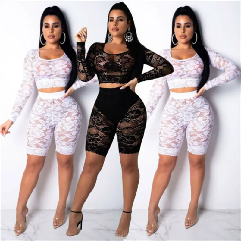 

Womens 2Pcs Clubwear Lace Playsuit Bodycon Party Jumpsuit Romper Crop Top Shorts