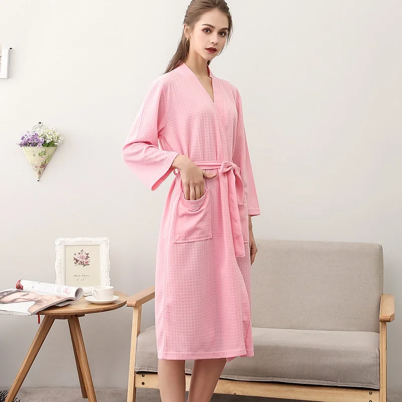 Lovers Summer Waffle Bathrobes Men Women Suck Water Kimono Nightgowns Plus Size Spa Bath Robe 3XL - Цвет: Pink