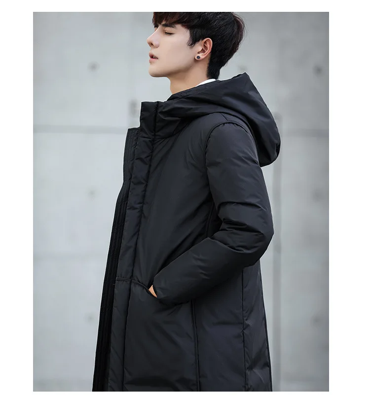 Мужской пуховик, мужская длинная куртка, пальто, Молодежный теплый с капюшоном, корейский эльф-культивация, белый утиный пух, парки