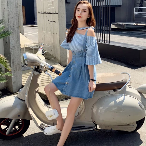 

Summer 2 Piece Set Women Pullover Halter Flare Striped Sleeve Tops Knee-length Single Breasted Bib Jeans Skirts Brief