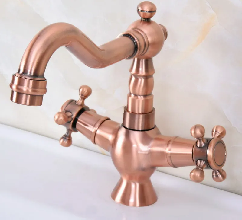 Antique Red Copper Brass Dual Cross Handles Bathroom Kitchen Basin Sink Faucet Mixer Tap Swivel Spout Deck Mounted mnf616