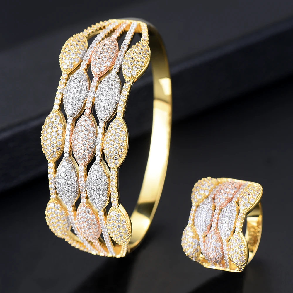 

2PCS Nigerian Dubai Bangle Rings Jewelry Set Full Micro Cubic Zirconia Wedding Sets For Women Dress boucle d'oreille femme 2018