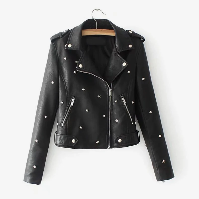 À Veste Zipper Coupe Biker En Noir Femmes Longues Femelle vent Étoiles Hiver Courte Manches Moto Ceinture Automne blanc Pu Multy rose rouge Rivet Faux Manteau Cuir jaune Punk xUZ0n0qwzt