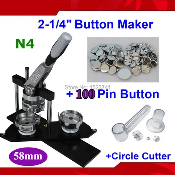 

NEW Pro N4 2-1/4":58mm Badge Button Maker Machine + Adjustable Circle Cutter+100Sets Metal Pinback Button Supply
