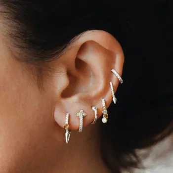 

2018 three mini spike punk style women earring round cz hoop minimal delicate design Gold Filled wholesale high quality jewelry