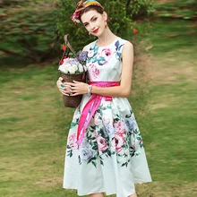 XF 2018 Latest Fashion Designer Runway Summer Boho Women'S Round Neck Sleeveless Ribbon Rose Flower Floral Print Slim Dress stylish sleeveless round neck rose print dress for girls