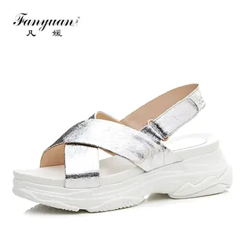 

fanyuan 2019 New Fashion Summer Flat Platform Sandals Women Genuine Leather Casual Wedges Light Summer Beach Shoes Woman