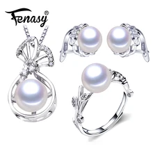 FENASY 925 пробы серебряные серьги-гвоздики натуральный жемчуг ювелирные наборы подвески ожерелья для женщин жемчужные серьги Регулируемые кольца