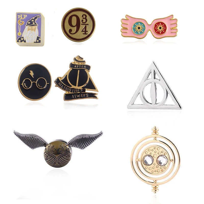

Harri Potter Deathly Hallows Golden Snitch Platform Luna Badges Harri Potter Book Pin Cosplay Collection Gift Halloween Decor