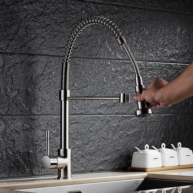 

Pull Out Kitchen Faucet Nickel Brass Pull Out Spring Kitchen Sink Faucet Swivel Spout Tall Vessel Mixer Tap Torneira Cozinha