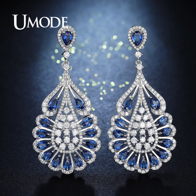 Umode Fashion Big Water Drop Dangling Earrings For Women Blue Cz Umode Fashion Big Water Drop Dangling Earrings For Women Blue Cz Teardrop Flower Chandelier Wedding