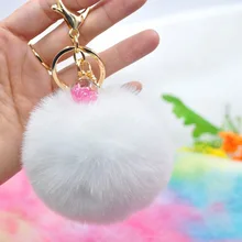 2019 New Cute Animal Unicorn Keychain Women Pompom Faux Rabbit Fur Ball Keyring Star Glass Charm Pom Pom Key Chain Bag Pendant new novelty mini bag charm flamingo faux fur key bag charm gift for children girls cute emoji pendant nl11