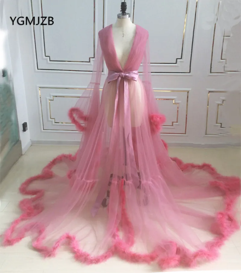 

Robe De Soiree Elegant Evening Dresses Long 2018 V Neck Feathers Pink Sexy See Through Formal Party Evening Gowns Prom Dress