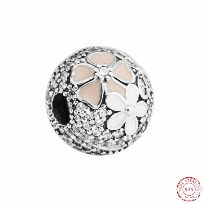 

925 Sterling Silver Poetic Blooms CLIP Beads Clear CZ Pink & White Enamel DIY Fit PANDORA Charms for Women Jewelry Making CL029