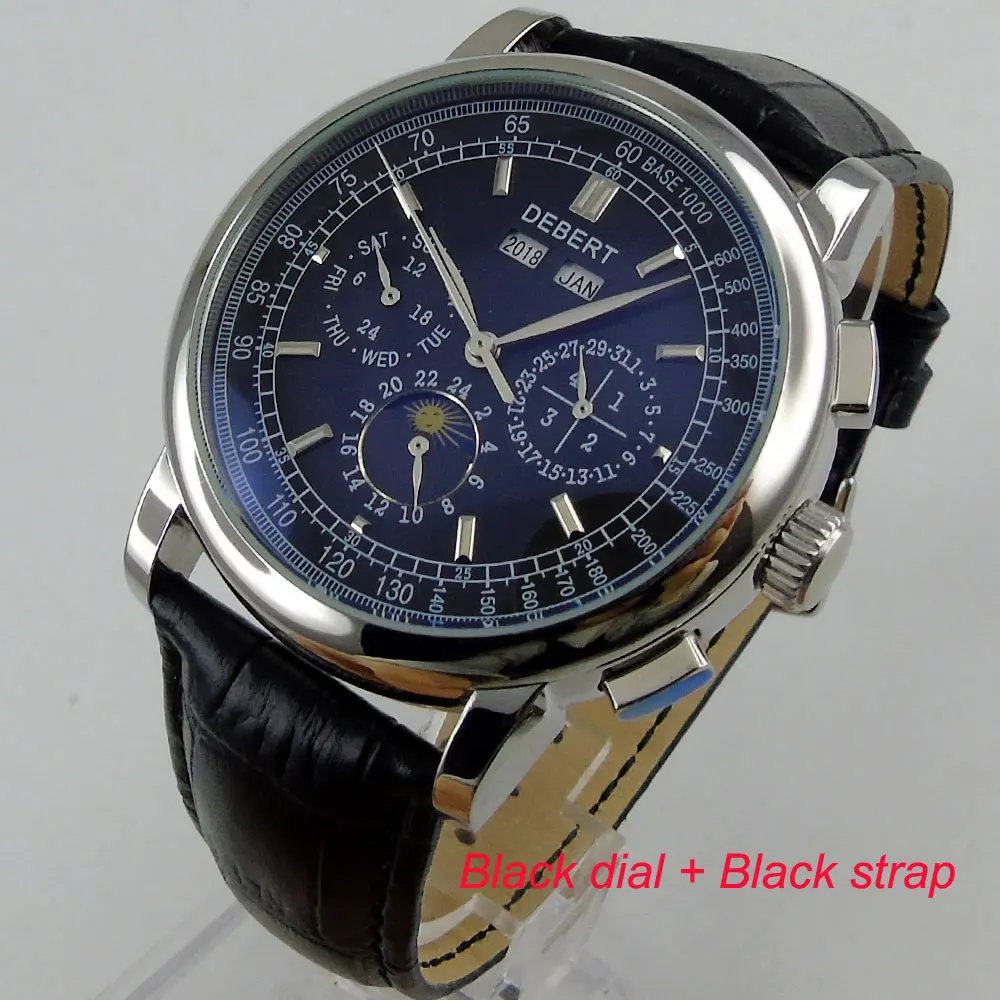 42 мм deber известный наручные часы для мужчин многофункциональный Луна Дата Неделя дисплей кофе кожаный ремешок водонепроницаемый механический автоматический 98 - Цвет: Black dial 1