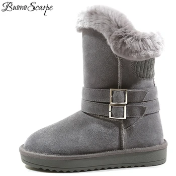 

BuonoScarpe Women Warm Plush Winter Boots Suede Leather Fur Snow Boots Metak Buckle Platform Winter Botas Mujer Round Toe Shoes