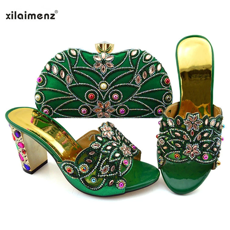 

Hot Selling Fashion Shoes and Bag Set Italian Sets Green Color African Shoes with Matching Bags for Royal Wedding Party