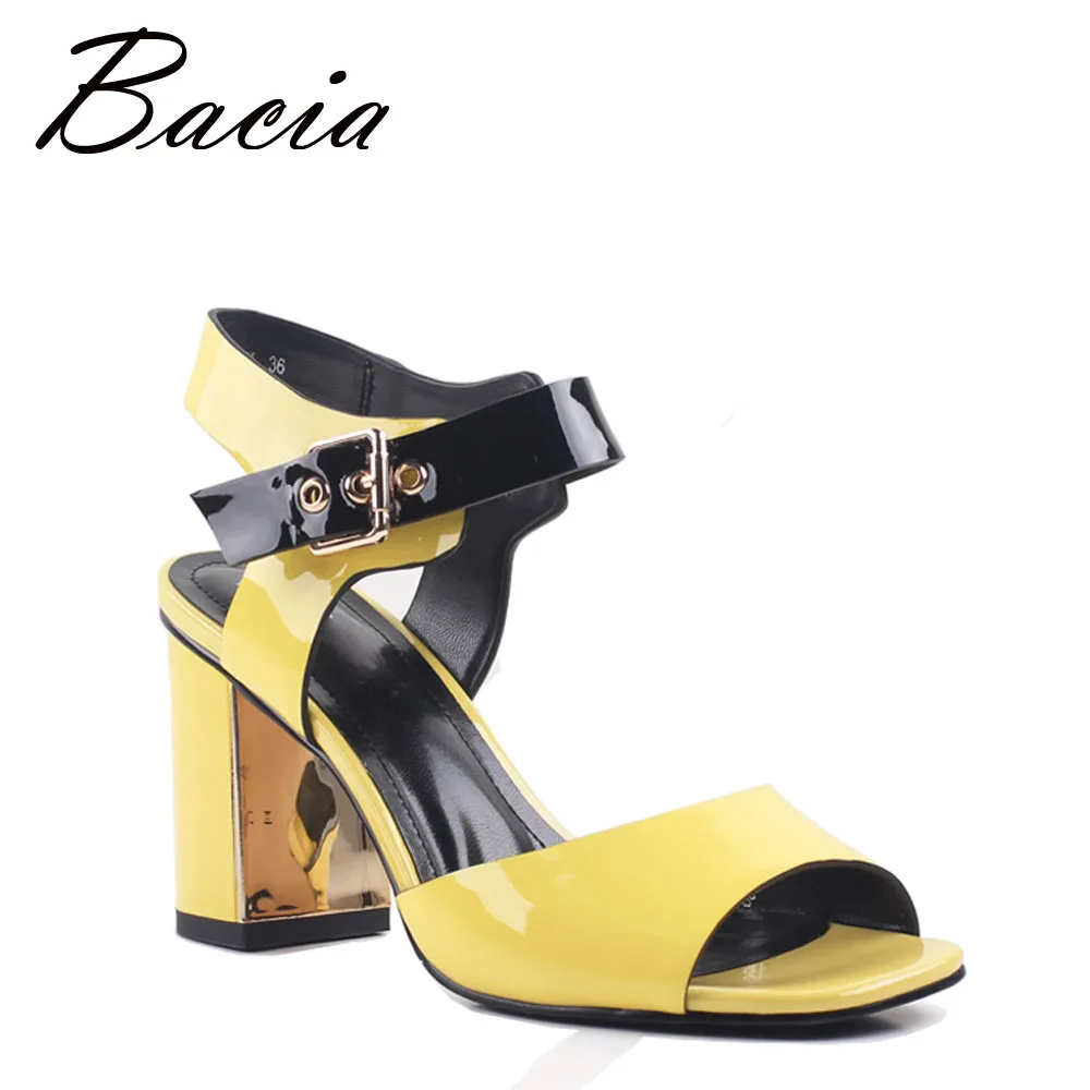 

Bacia Genuine Leather Square Heel Pumps Handmade 8.2cm Summer Fashion Sandals Yellow Pink Buckle High Heels Size 33-41 SA062