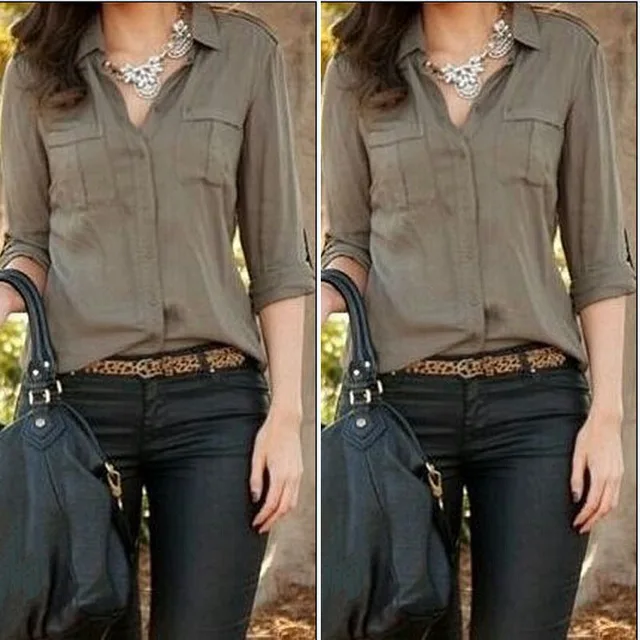 2015 mujeres ejército verde camisa Sexy moda suelta camisa