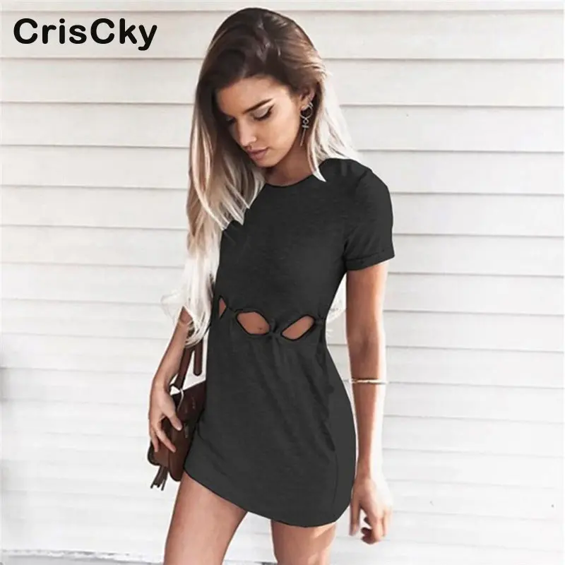 CRISCKY Hot Summer Solid Dress Woman Sexy O Neck Short Sleeve Hollow Out  Party Women Dresses Ladies Casual Dresses Vestidos