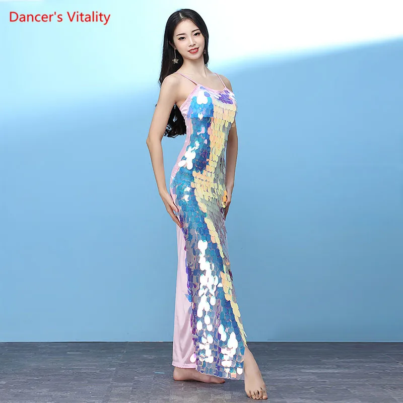 

2018 Sexy Women Mermaid Sequins Long Dress Show a Training Suit Belly Dance Competition Split Dress