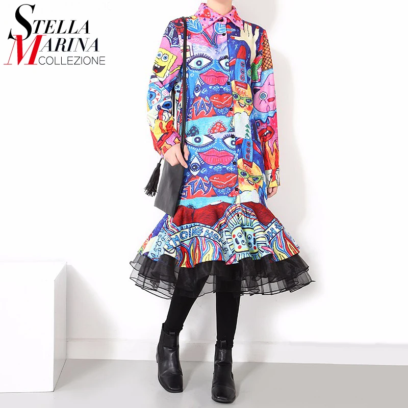 New 2018 Women Colorful Flare Shirt Dress Long Sleeve Trumpet Bottoms Cartoon Multicolor Printed Boho Chic Midi 1945 |