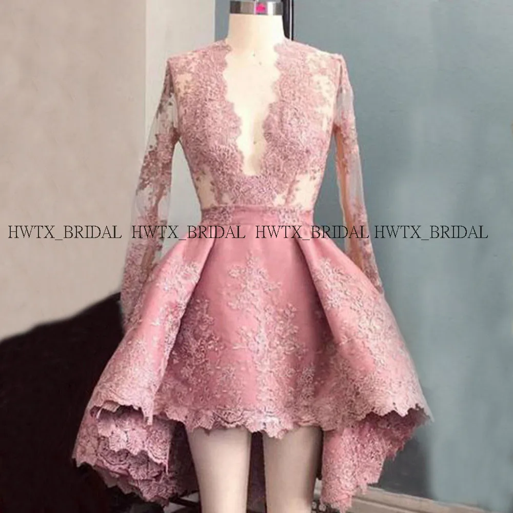 

Vintage Lace Applique Short Prom Dresses 2019 Long Sleeve Illusion See Through High Low Formal Party Gowns Vestidos de fiesta