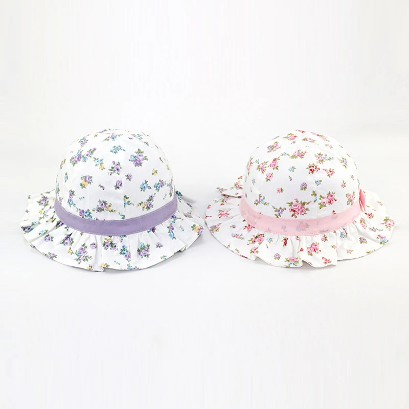 Flower Bow Baby Girls Hat Ruffles Floral Hat For Girls Cotton Lace Up Baby Fisher Hat Fashion Purple Pink Sun Caps Spring Summer (8)