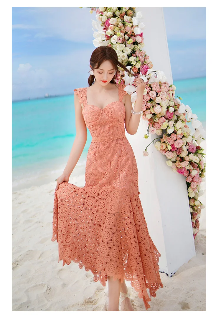 HAMALIEL женское оранжевое кружевное платье, подиумная летняя блузка на бретелях без бретелек, длинное платье в обтяжку, сексуальное пляжное платье с вязаными вставками