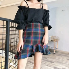 Ампир, английский стиль, женская клетчатая мини-юбка-труба, тонкая высокая талия, Сексуальная Асимметричная юбка, Женская Повседневная мини-юбка