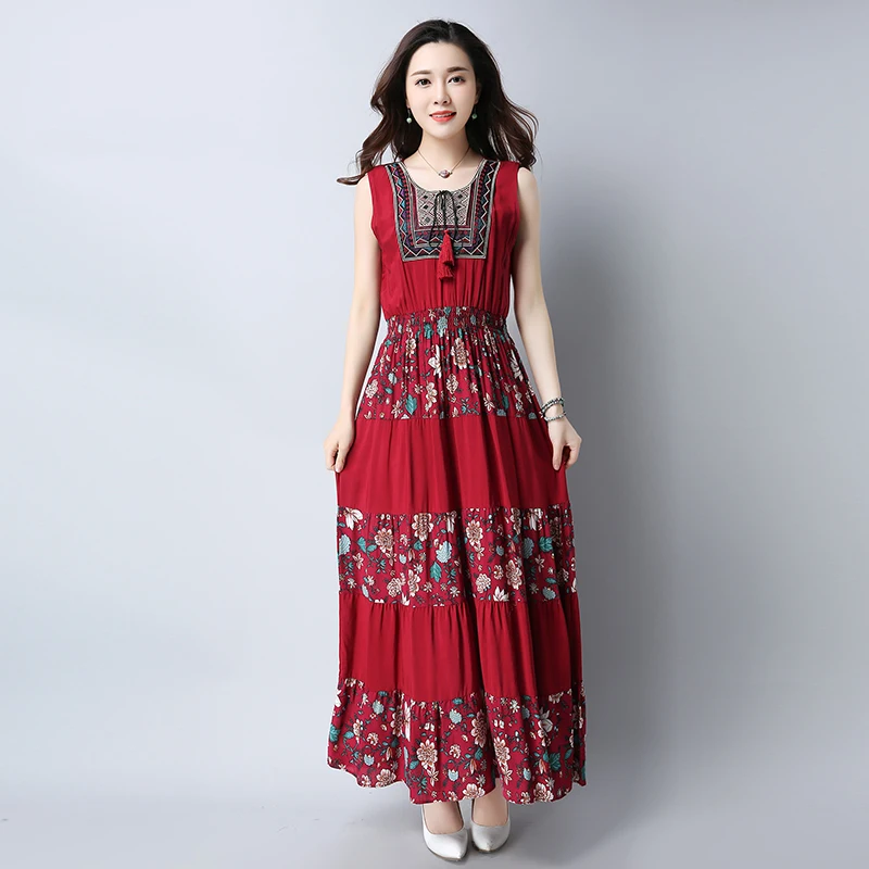 Женское платье макси без рукавов с круглым вырезом и вышивкой|vestidos f|vestidos fashiondress