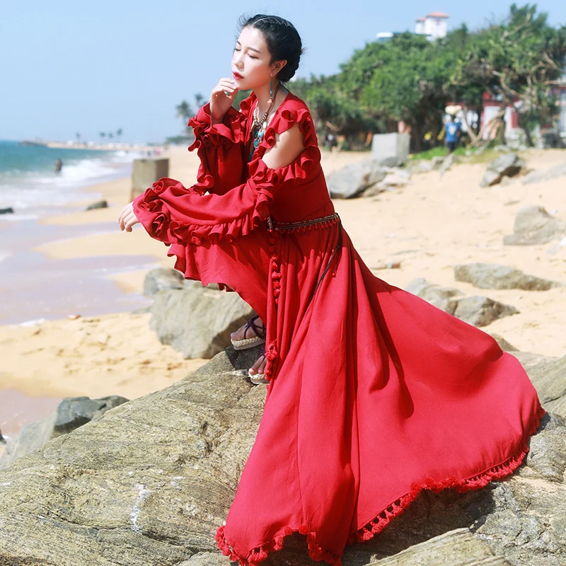

LYNETTE'S CHINOISERIE Spring Summer Original Design Women Red Off-shoulder Dresses
