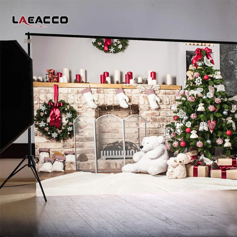 Laeacco Christmas Tree Home Decoration Fireplace Scene Photography Backgrounds Vinyl New Year Backdrops For Photo Studio Props