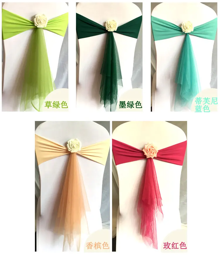 100pcs/lot Lycra chair sash butterfly bow tie with rose ball for wedding chairs decoration spandex band stretch bow tie