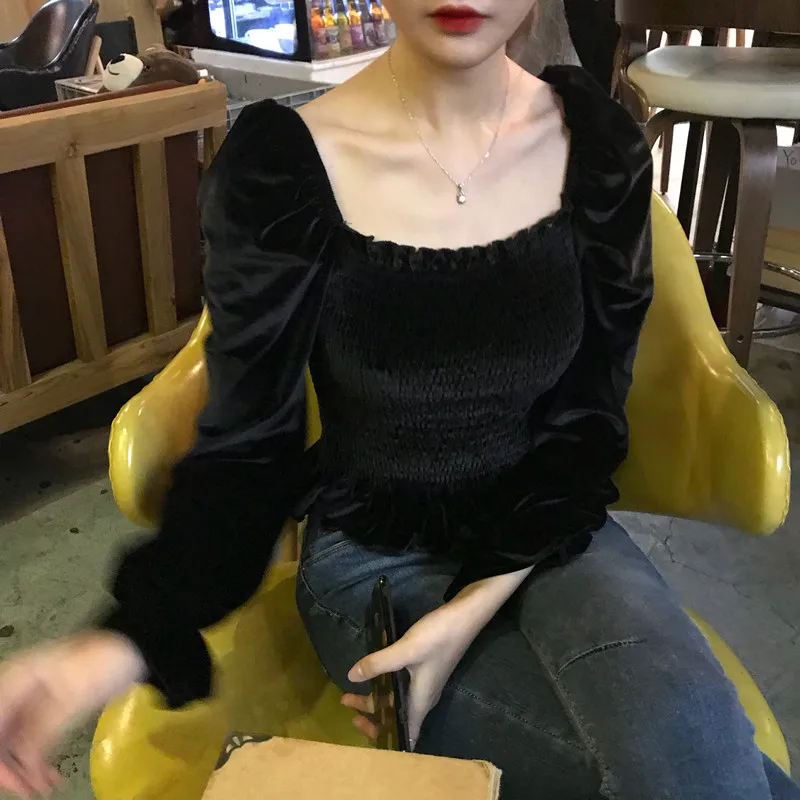 

Princess Sexy Black Velours Shirt Women Top Cropped Ruched Hem Slim Fit Blouse Chemise Femme Chemisier Blusa Mujer Camisa
