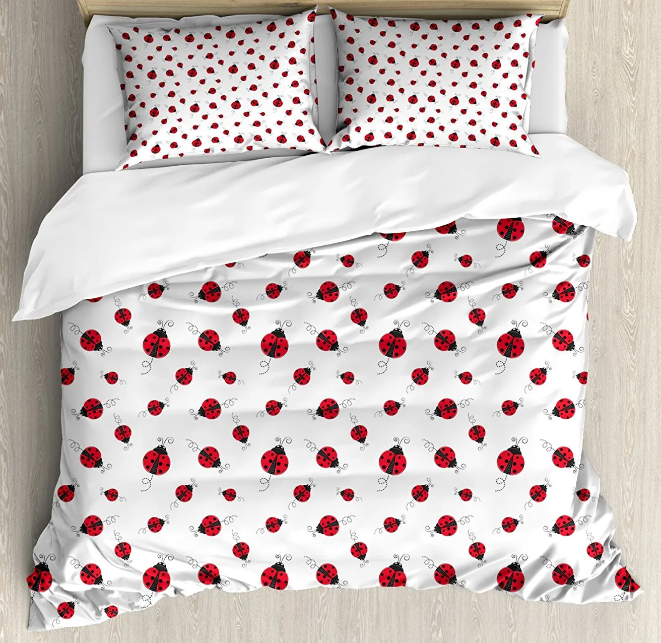 

Ladybugs Duvet Cover Set Ladybug with Dotted Wings Swirls and Curves Abstract Simple Pattern Animal Decorative 4pcs Bedding Set