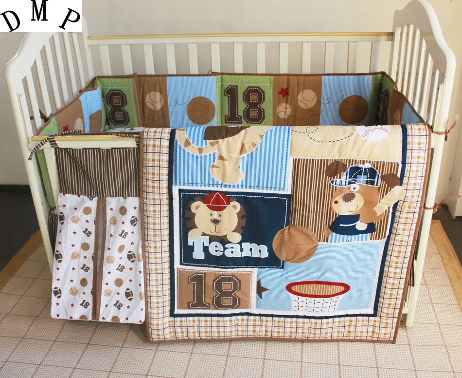 Promotion! 5pcs Embroidery Cot baby crib bedding set bed linen cartoon,include (bumpers+duvet+bed cover+bed skirt+diaper bag)