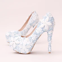 Sky Blue Pearl Wedding Shoes Lace Flowers Hand Sewing White Diamond Flower Ultra-high with Dress Shoes Waterproof Bride Shoes