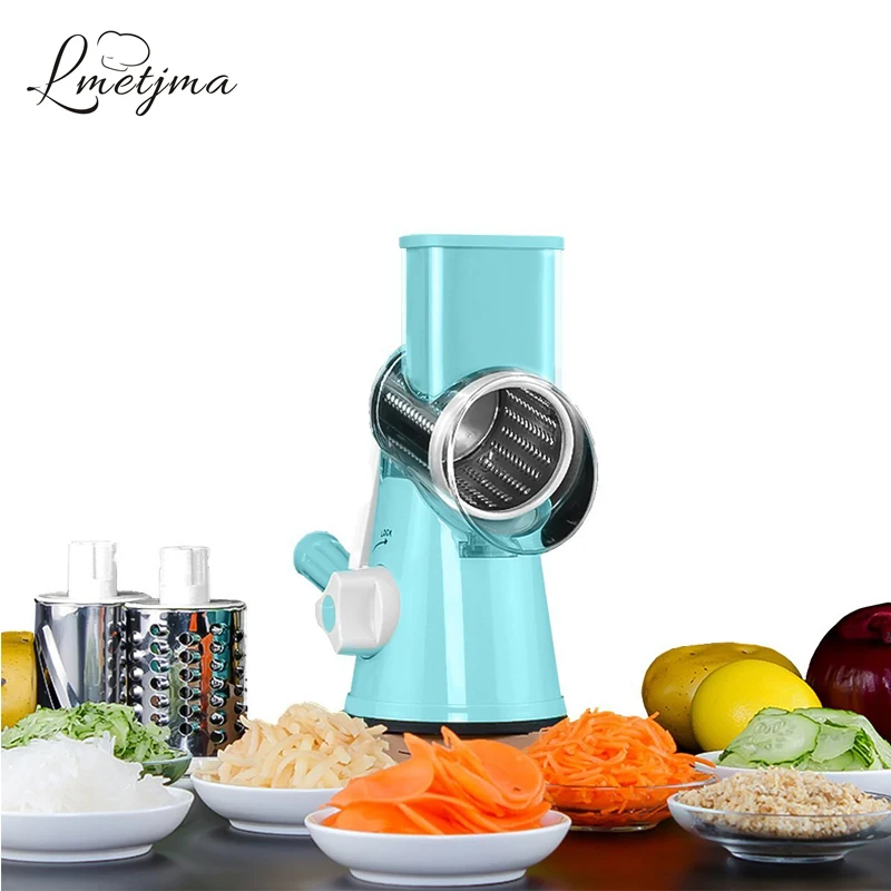 

LMETJMA Round Manual Mandoline Slicer With 3 Stainless Steel Blade Vegetable Cutter Julienne Carrot Slicer Cheese Grater LK0812A