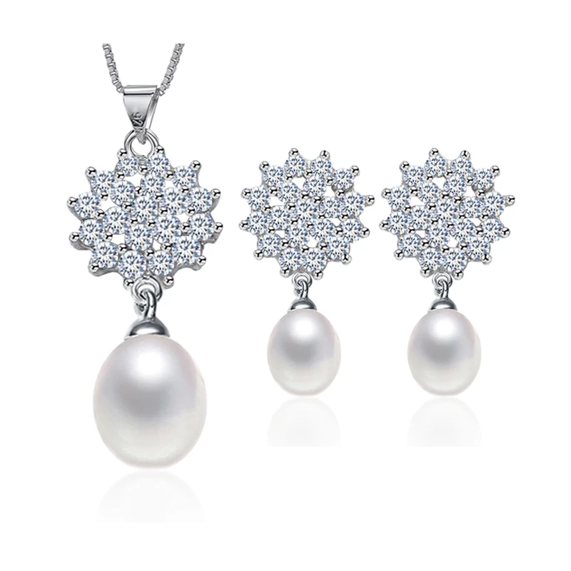 

RUNZHUQIYUAN 2017 natural freshwater pearl set pendant neckalce stud earrings 8-9mm pearl 925 sterling Silver jewelry For Women