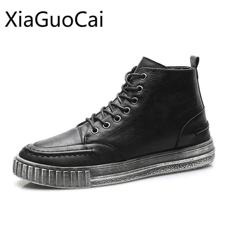 

High Fashion High Top Men's Casual Shoes Solid Lace-up Leather Shoes Breathable Fashion Genuine Leather Flats Footwear