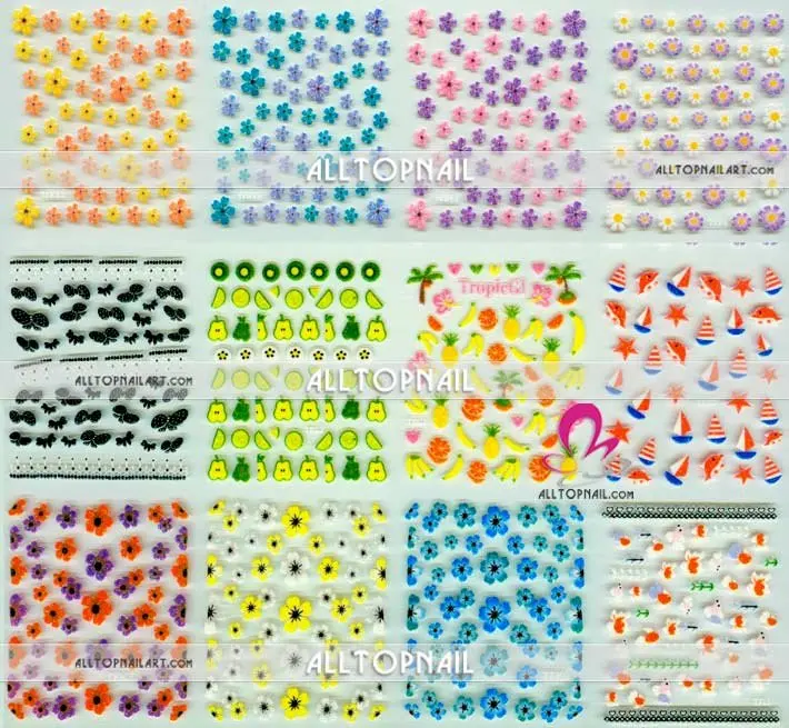 240 шт./лот цветные дизайн ногтей наклейки A_Grade Смешанные типы 3D наклейки для ногтей