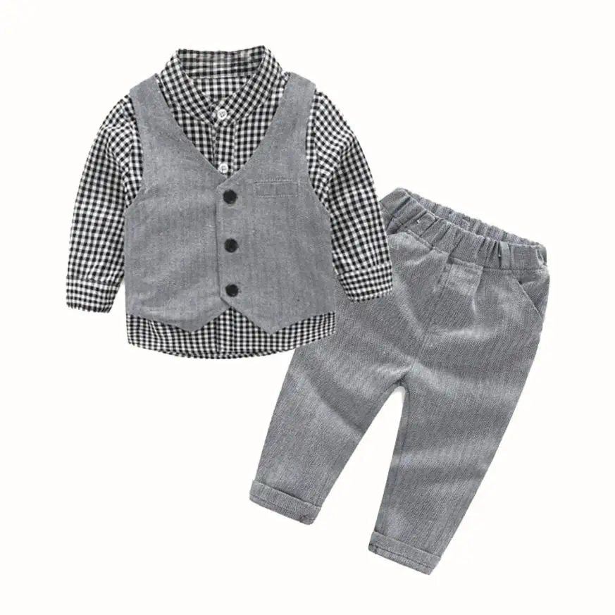 Newborn Baby Boy Grey Waistcoat+Long Pants+Shirts Clothes Sets Suit