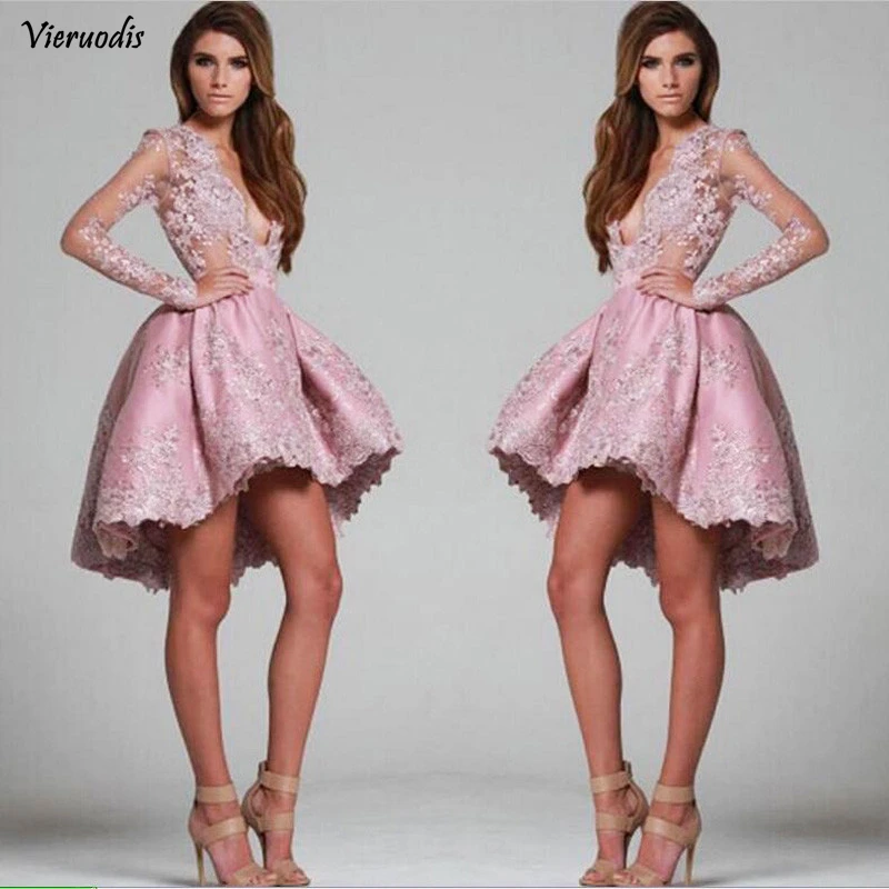 74-1            Hot Dusty Pink Prom Dress Mini Hi-low Full Sleeves Womens Special Occasion Party Dress Short Gowns Custom Made Lace A-line Dress