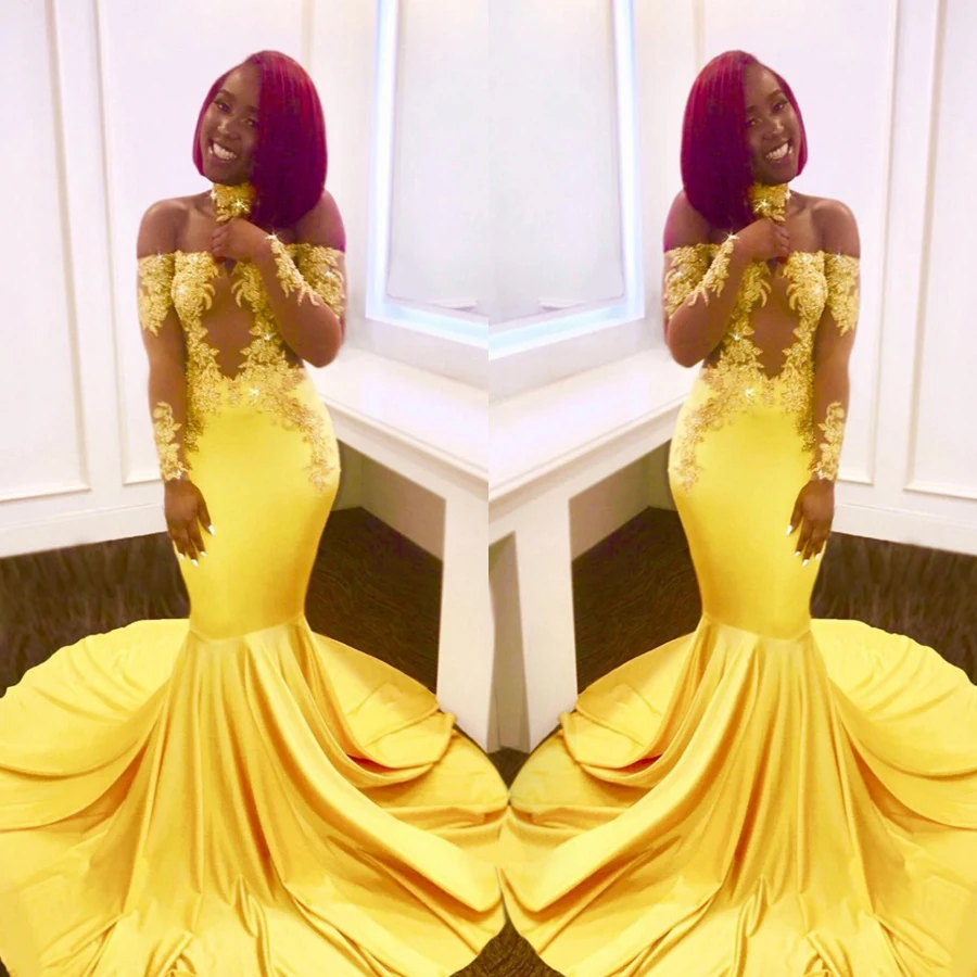 

Off the Shoulder Long Sleeves Bright Yellow Elastic Prom Dress with Collar Mermaid Sexy Illuion Evening Dresses