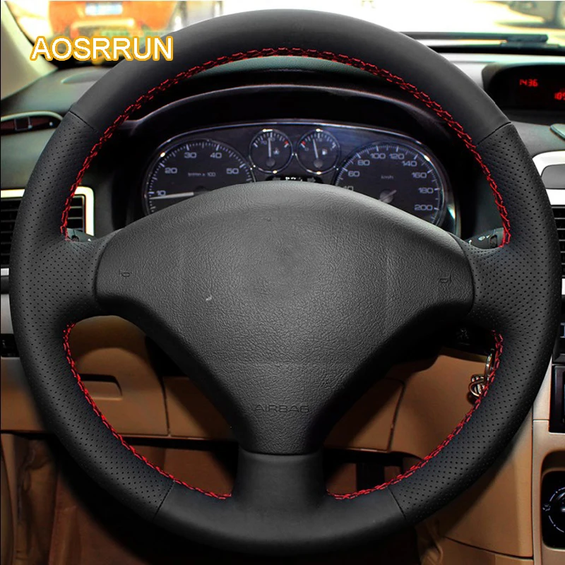 

AOSRRUN genuine leather car steering wheel cover Car accessories For Peugeot 206 207 Citroen C2