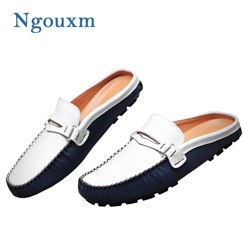 

Ngouxm New Summer Men Half Slippers Slip On Genuine Leather Mens Shoes Soft Leather Slipper Man Driving Loafers Male Footwear