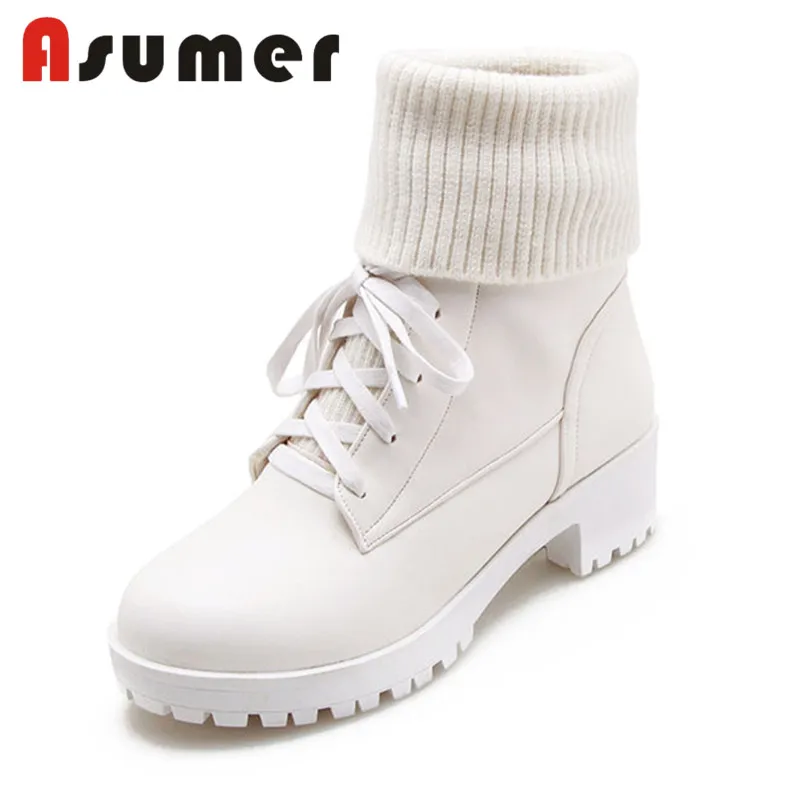 

ASUMER 2020 NEW ARRIVE lace up cross tied ankle boots for women solid simple daily winter boots knitting+pu fashion boots