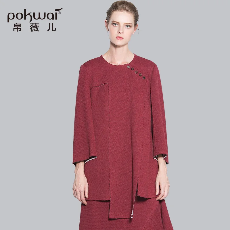 Quality New neck Asymmetrical Jackets Women Red Casual Solid Sleeve Pokwai O Outerwear Pullover Arrival Fashion Long Coat 2017 High kTOuPXZi