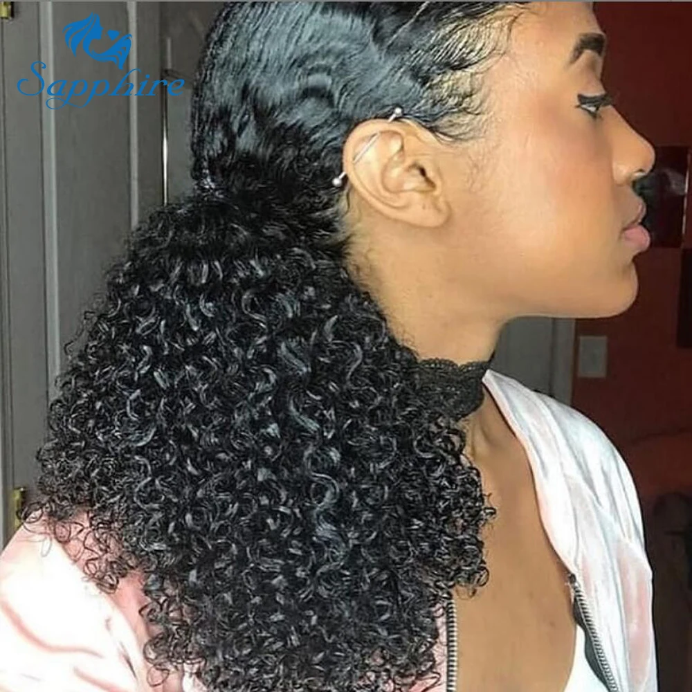 Сапфировые волосы афро кудрявый вьющиеся хвост для Для женщин натуральный черные волосы Remy цельнокроеное платье клип в хвостики шнурок 100%
